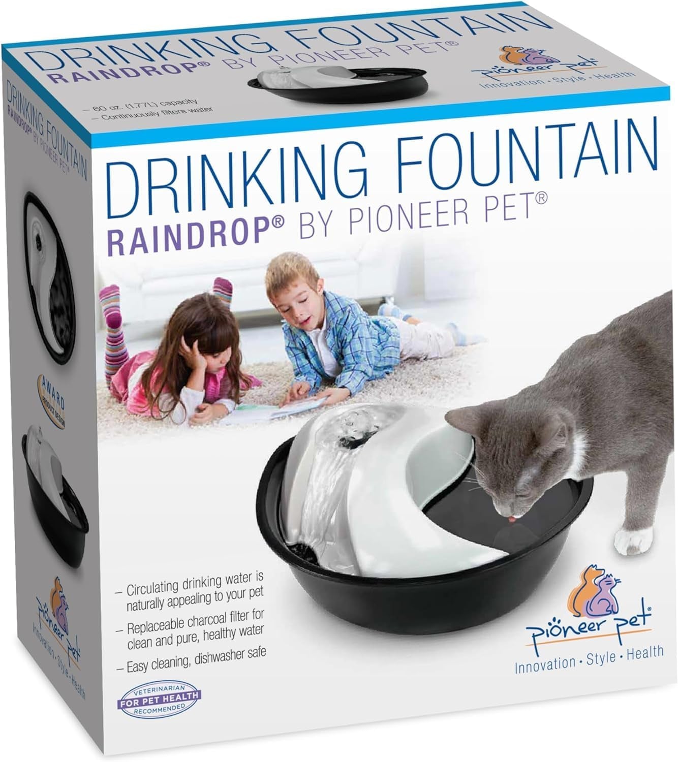 Raindrop Fountain, Pet Drinking Fountains (60 Oz., Plastic -Black & White)